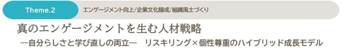Theme.2 エンゲージメント向上/企業文化醸成/組織風土づくり　真のエンゲージメントを生む人材戦略　-自分らしさと学び直しの両立-　リスキリング×個性尊重のハイブリッド成長